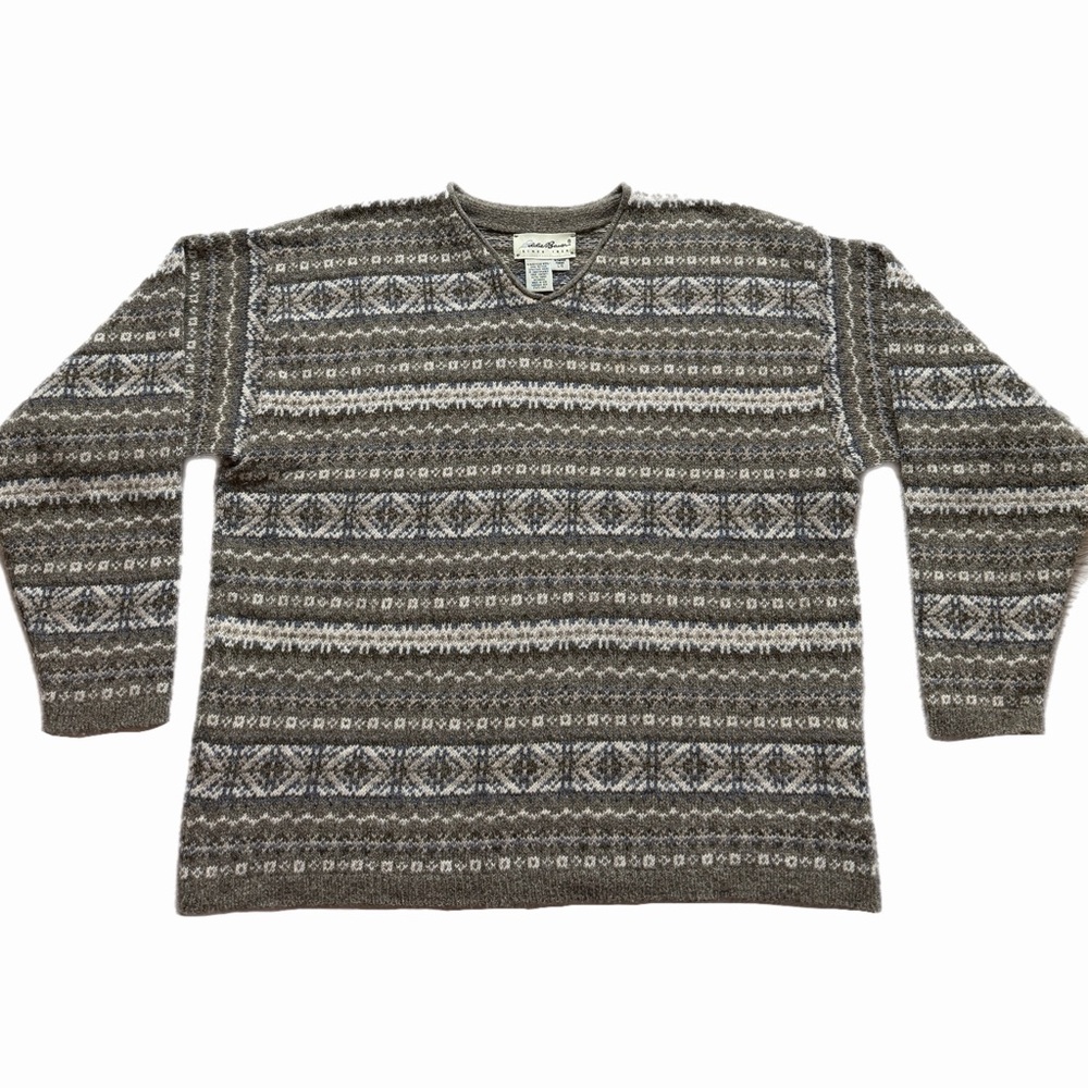 VTG Eddie Bauer Recycled Wool Fair Isle Beige Neutral Vneck Sweater L Cabin Core